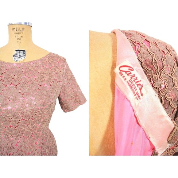 Vintage 50s Lace Cocktail Dress Tan Pink Soutache Sheath | W 26" - Picture 4 of 5